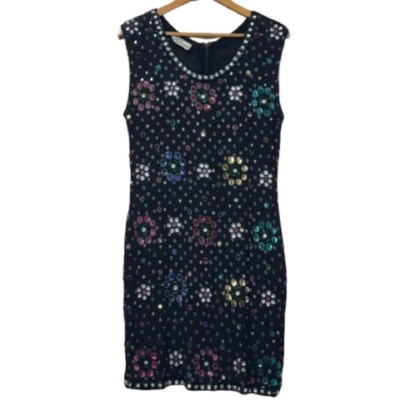 Vintage French Collezioni Black Allover Silk Sequined Sleeveless Dress - Picture 2 of 9